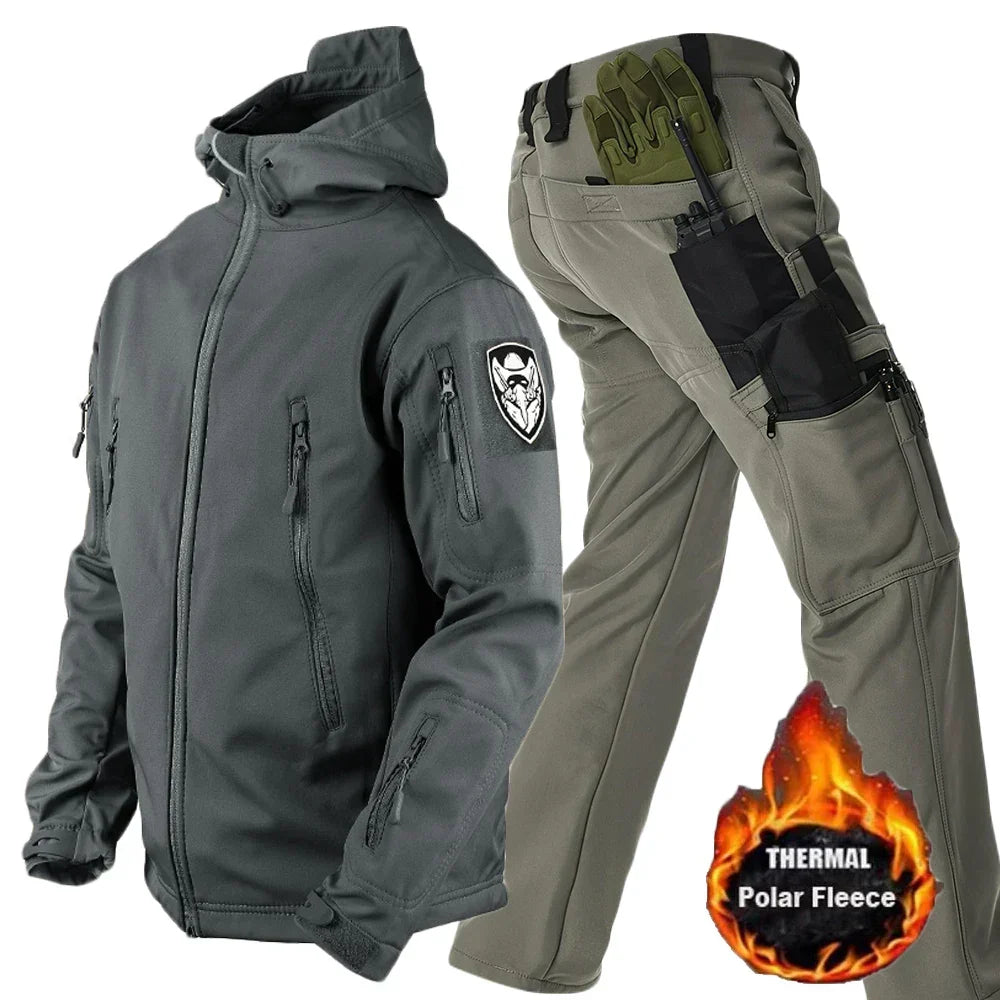 Winter Outdoor Work Sets Mens Field Training Jackets Multi-Pocket Fleece Cargo Pants Tactical Waterproof Camping Tracksuits Set