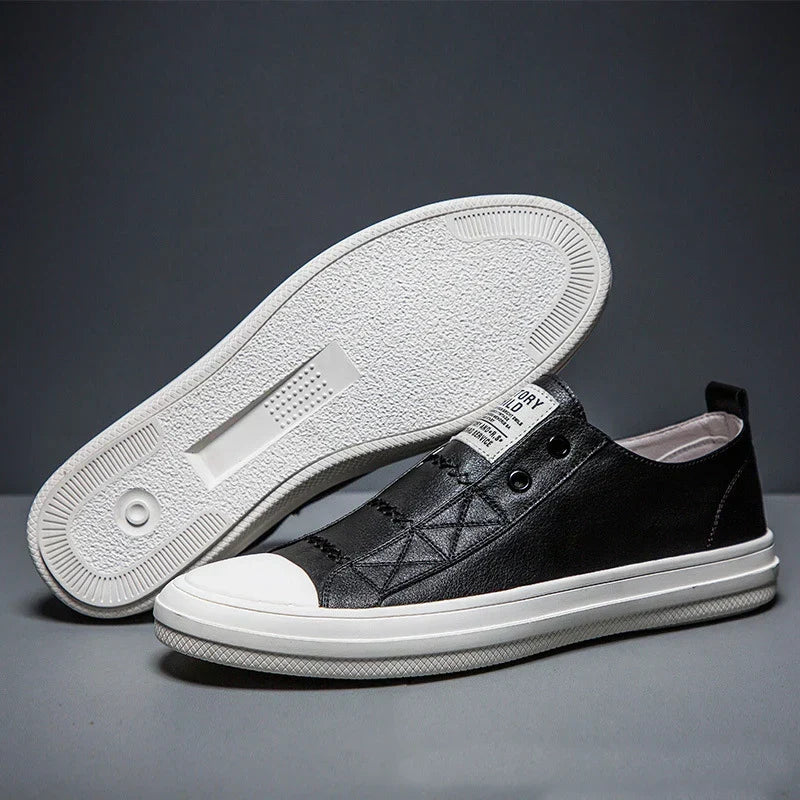 Genuine Leather Black White Shoes Men Casual Shoes Soft Flat Brand Cow Leather Cool Street Young Male Footwear D237