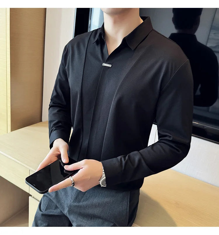 Stitching Special V-neck Long-Sleeved Polo Shirt, Men's High-Grade Elasticity Traceless Lapel T-shirt, Royal Blue Seamless Top