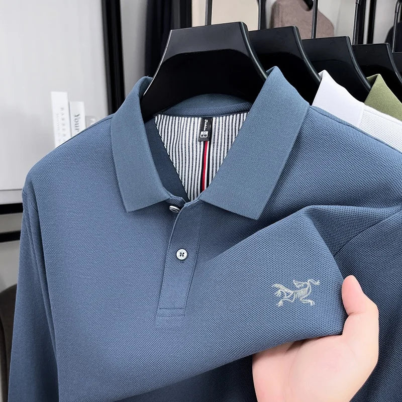 100% pure cotton high-end luxury brand men's long sleeved polo shirt autumn fashion original embroidery design golf top T-shirt