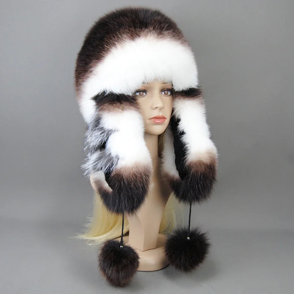 Hot Sale Lady Winter Warm Luxury 100% Natural Fox Fur Hat Fashion Fluffy Fox Fur Rex Rabbit Fur Caps Women Real Fur Bomber Hats