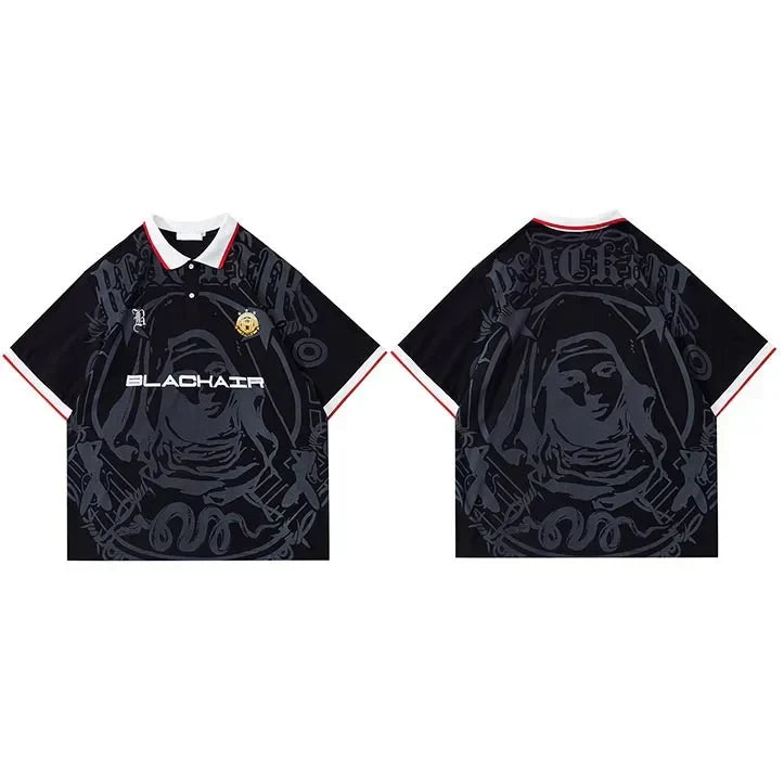 Hip Hop Streetwear Polo T-Shirt Virgin Mary Graphic T Shirt Men Polo Shirt Short Sleeve Harajuku Cotton Tops Tees Red Grey