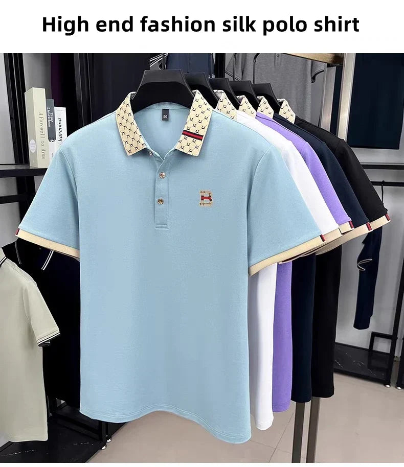 Luxury brand B letter embossed short sleeve polo shirt men summer lightweight breathable new fashion color blocked lapel T-shirt