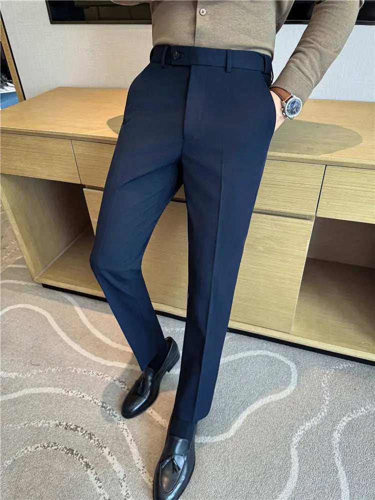Autumn Winter Thicken Elastic Waist Casual Suit Pants High Quality Men Woven Dark Striped Slim Fit Office Social Dress Trousers