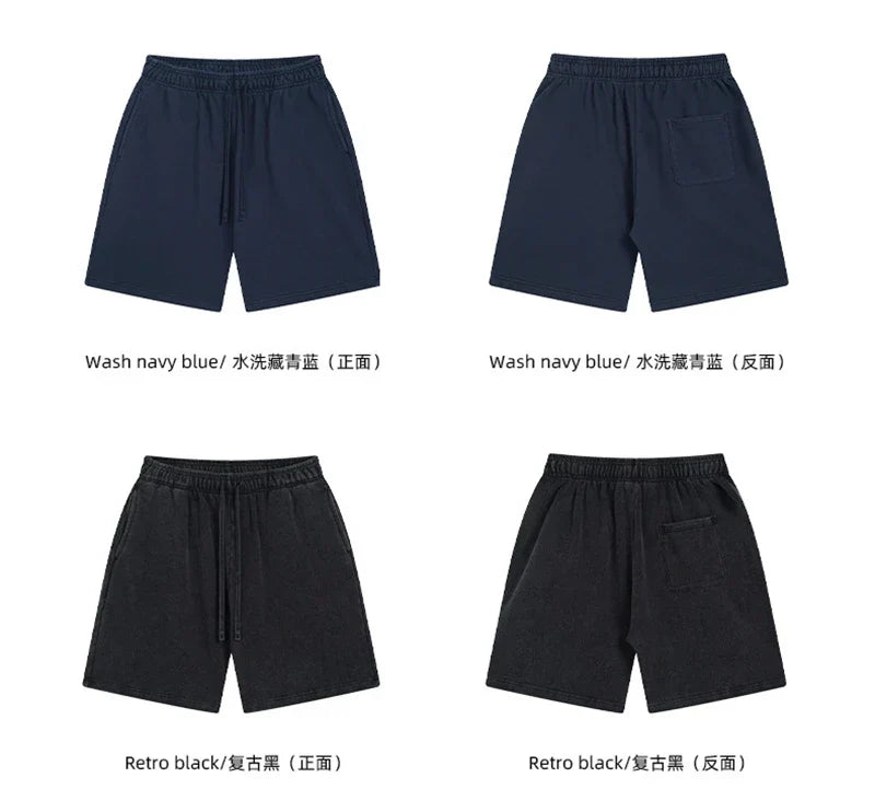 Fashion Summer Men 420gsm Washed Cotton Shorts Retro Unisex High Street Terry Knee Length Short Pants Streetwears HY0845