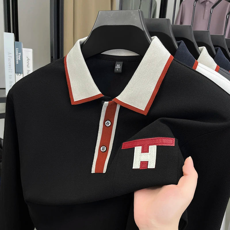 Light Luxury Fashion 100% Pure Cotton Polo Shirt Men's Long Sleeved Autumn New Item Middle-aged Dad Collar Base T-shirt