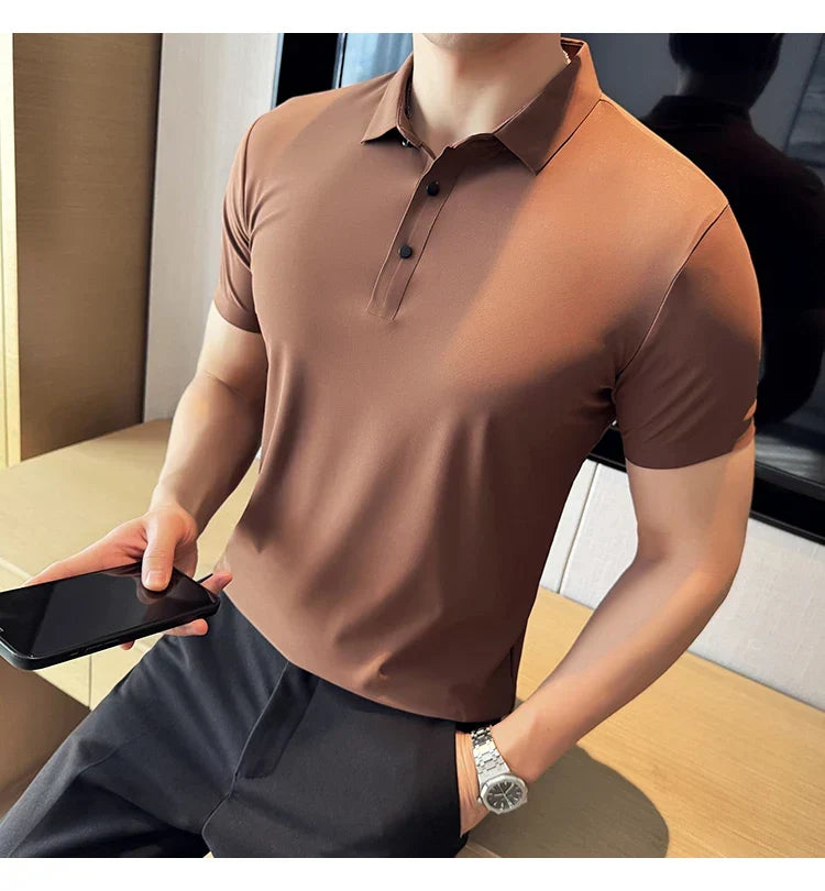 Ice Silk High Elastic Seamless T-shirt ,Summer Thin Polo Shirt, Solid Color Polo Collar Short Sleeve Brown Top, Business Leisure