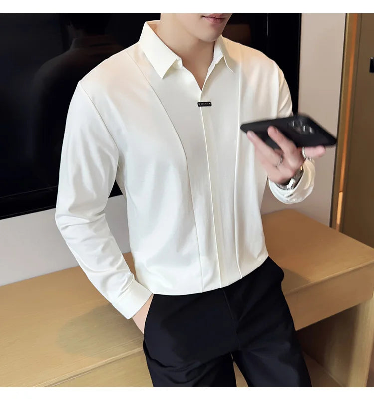 Stitching Special V-neck Long-Sleeved Polo Shirt, Men's High-Grade Elasticity Traceless Lapel T-shirt, Royal Blue Seamless Top
