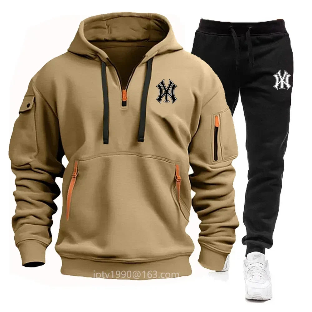 A stylish, casual and fitness two-piece set for men's autumn and winter 2025: zipper hoodie, long-sleeved pullovers and jogging