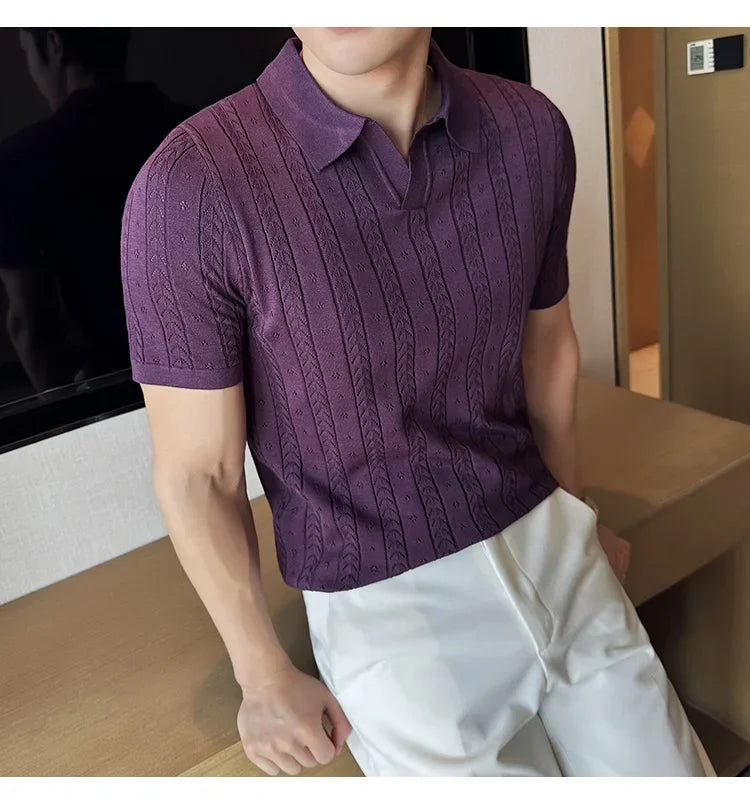 Men's Polo Shirt, Striped Jacquard Knit Short Sleeve, T-shirt V-neck Solid Color Elastic Top 2024. M-3XL,Summer Purple Thin