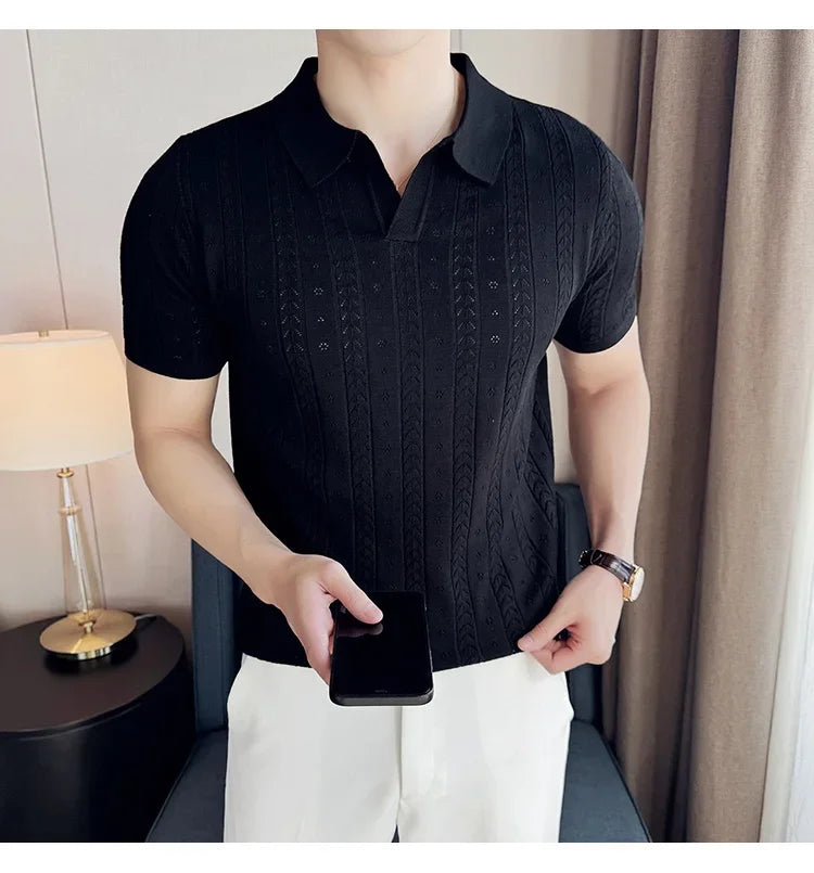 Men's Polo Shirt, Striped Jacquard Knit Short Sleeve, T-shirt V-neck Solid Color Elastic Top 2024. M-3XL,Summer Purple Thin