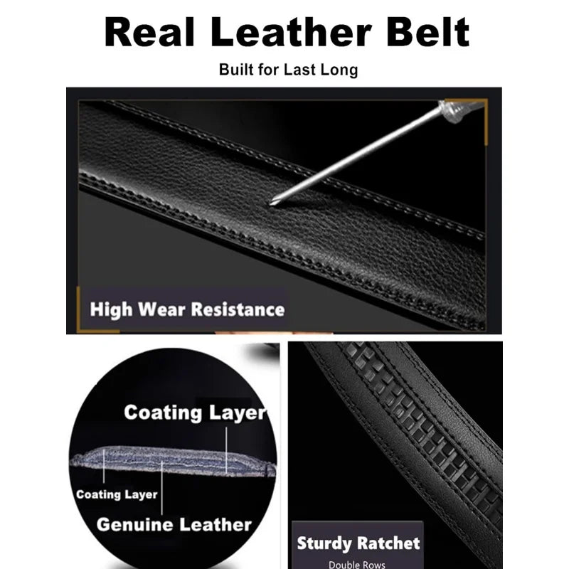 High Quality Genuine Leather Men’s Belt, Adjustable Ratchet Automatic Buckle, Black/Brown Cuttable Business Casual Belt