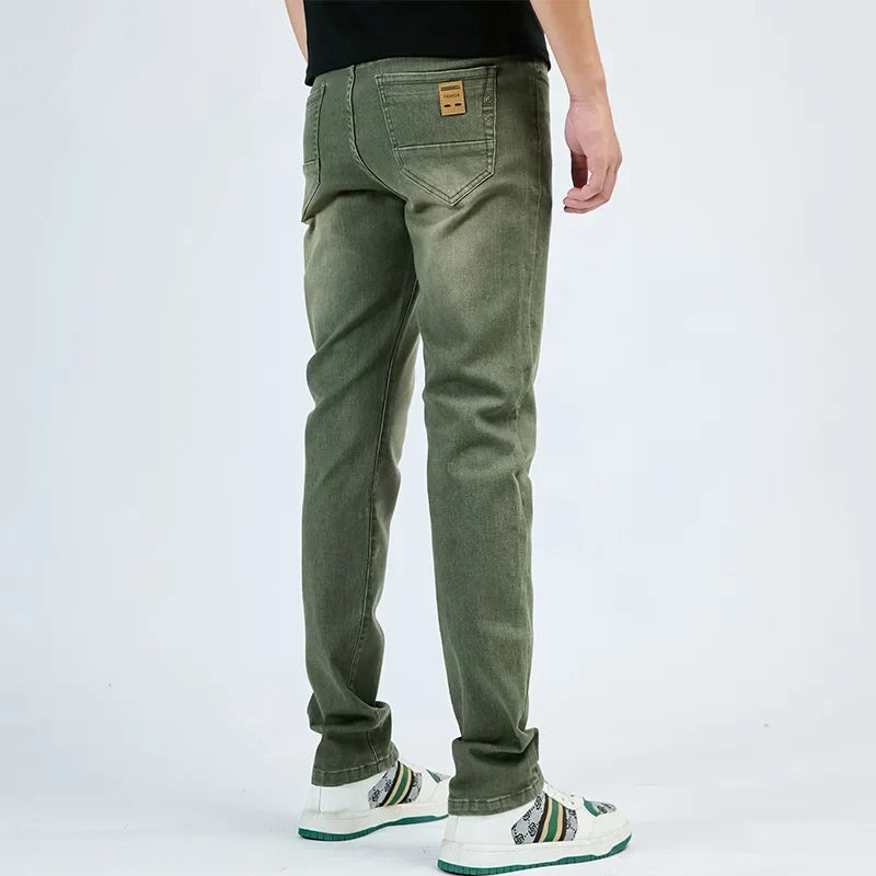 2025 Autumn New Men's Slim Elastic Jeans Fashion Korean Small Straight Pencil Pants Soft Comfortable Casual Green Denim Pants