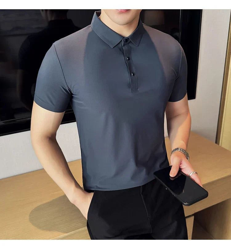 Ice Silk High Elastic Seamless T-shirt ,Summer Thin Polo Shirt, Solid Color Polo Collar Short Sleeve Brown Top, Business Leisure