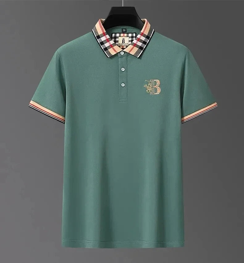Luxury brand short sleeve men's polo shirt summer high-end fashion plaid embroidery lapel casual T-shirt breathable cotton top