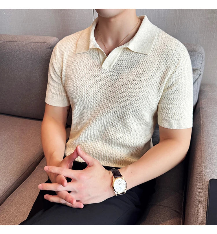 Hollow Knitted Short-Sleeved T-shirt, V-neck Brown Polo Shirt, High-End Quality, Cool, Luxury Genuine Goods，Slim Top