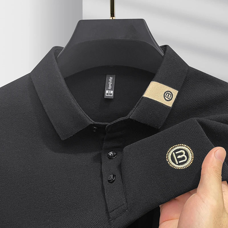 High end letter embroidery brand men's long sleeved polo shirt 2024 Spring and Autumn new comfortable 100% cotton casual T-shirt