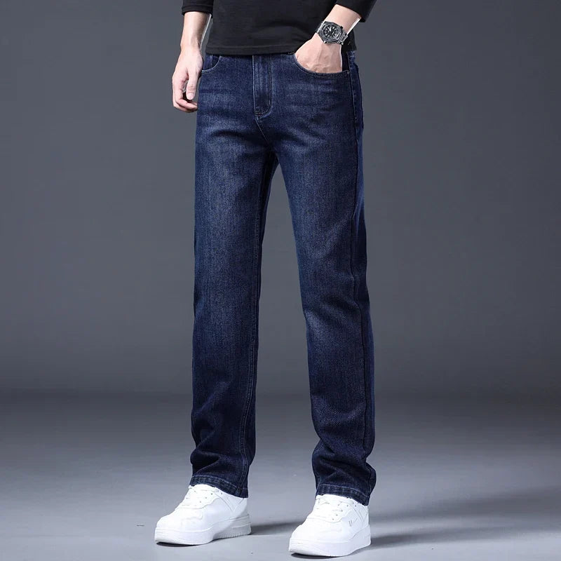 Classic Straight Men's Jeans Spring Slightly Thick Elastic Casual Office Business Trousers Fashion Comfort Washed Denim Pants