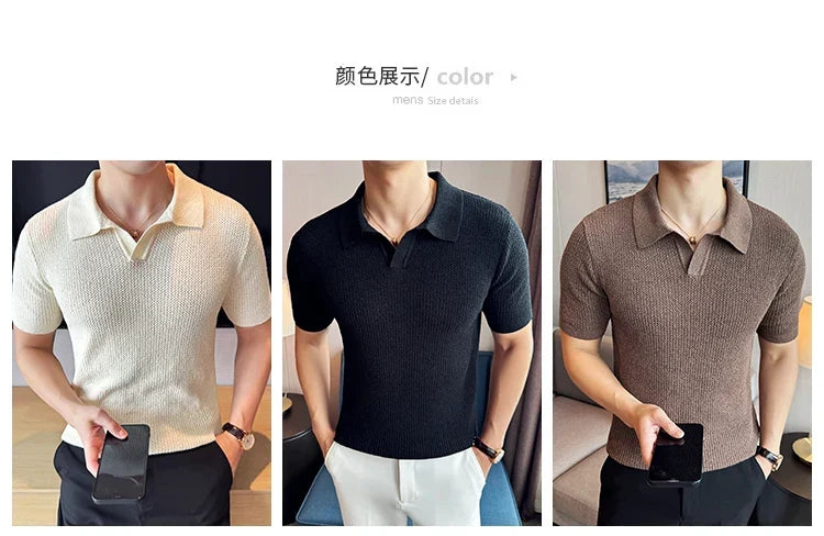 Hollow Knitted Short-Sleeved T-shirt, V-neck Brown Polo Shirt, High-End Quality, Cool, Luxury Genuine Goods，Slim Top