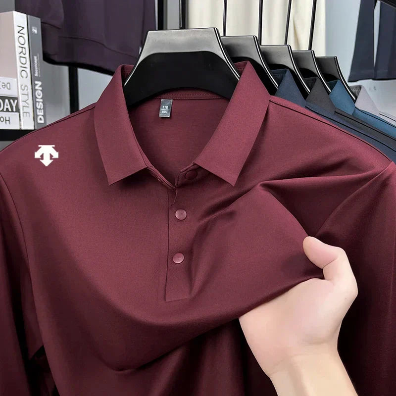 Luxury Quality Men's Polo Shirt No Trace Simple Solid Color Geometric Print Long Sleeve Autumn Lapel T-Shirt Business Menswear