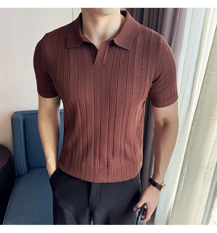 Men's Polo Shirt, Striped Jacquard Knit Short Sleeve, T-shirt V-neck Solid Color Elastic Top 2024. M-3XL,Summer Purple Thin