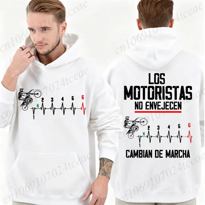 Mens Spanish Motorcycle Biker Hoodies Los Motoristas No Envejecen Print Pullover Hooded Sweatshirt Fleece Casual Outerwear Gift