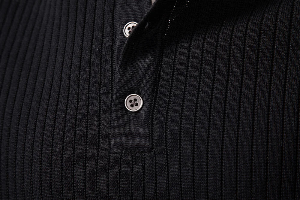Button Placket Polo Shirt Men Ribbed Stripe Long Sleeve Contemporary Fit Minimalist Autumn Winter Premium Business Top