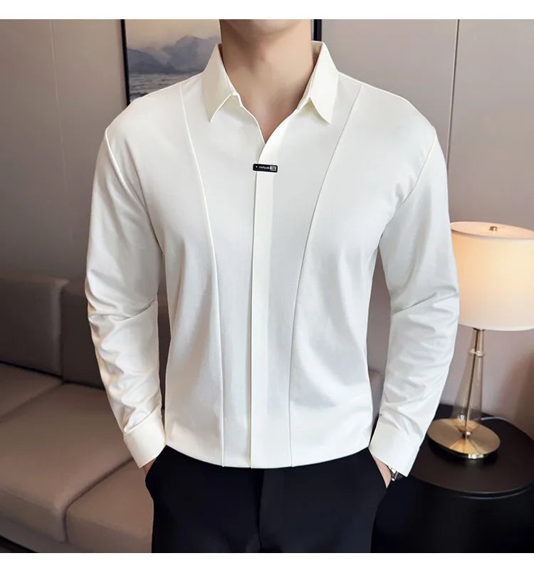 Stitching Special V-neck Long-Sleeved Polo Shirt, Men's High-Grade Elasticity Traceless Lapel T-shirt, Royal Blue Seamless Top