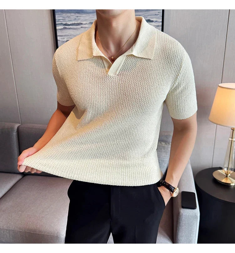 Hollow Knitted Short-Sleeved T-shirt, V-neck Brown Polo Shirt, High-End Quality, Cool, Luxury Genuine Goods，Slim Top
