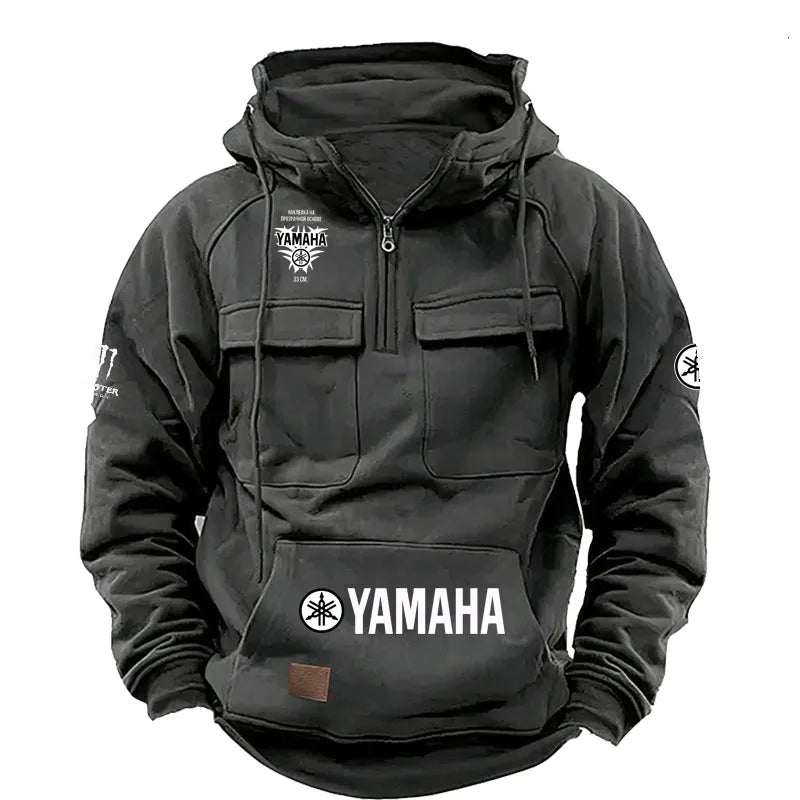 logo Men's Loose Fleece-lined Hoodie Jacket with Multiple Pockets Retro American Style Spring Autumn Winter Casual Outerw
