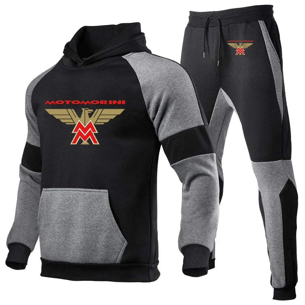 2024 Spring Autumn Men's Moto Morini Logo Print Sports Splicing Cotton Hooded Tracksuit+Jogging Sweatpants Trend Comfortable Set