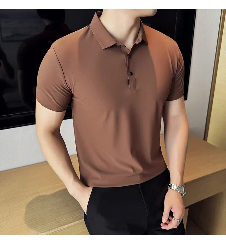 Ice Silk High Elastic Seamless T-shirt ,Summer Thin Polo Shirt, Solid Color Polo Collar Short Sleeve Brown Top, Business Leisure