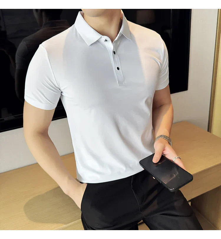Ice Silk High Elastic Seamless T-shirt ,Summer Thin Polo Shirt, Solid Color Polo Collar Short Sleeve Brown Top, Business Leisure