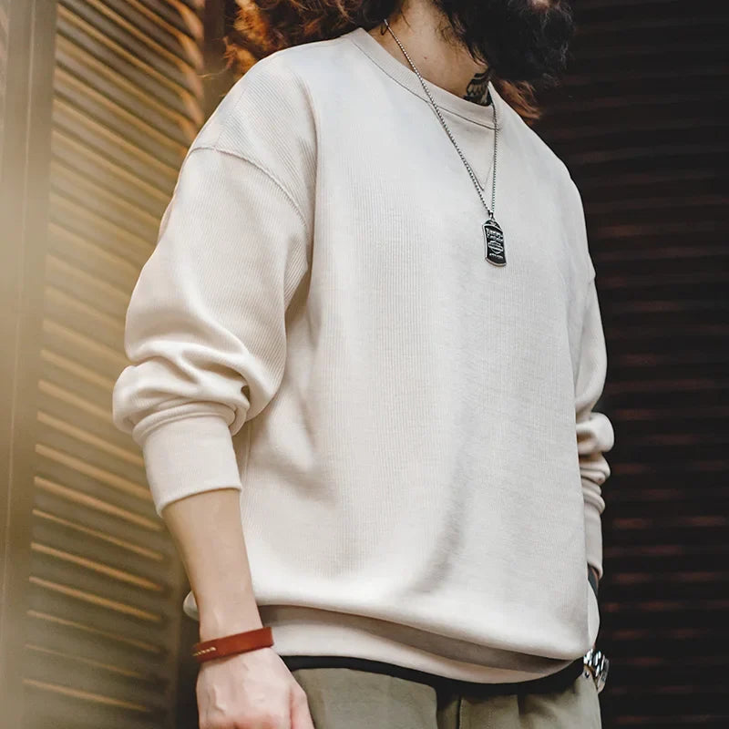 Heavyweight Round Collar Chenille Sweater for Men Spring and Autumn Basic Styles Long-sleeved Pullover Navy Blue T-shirts