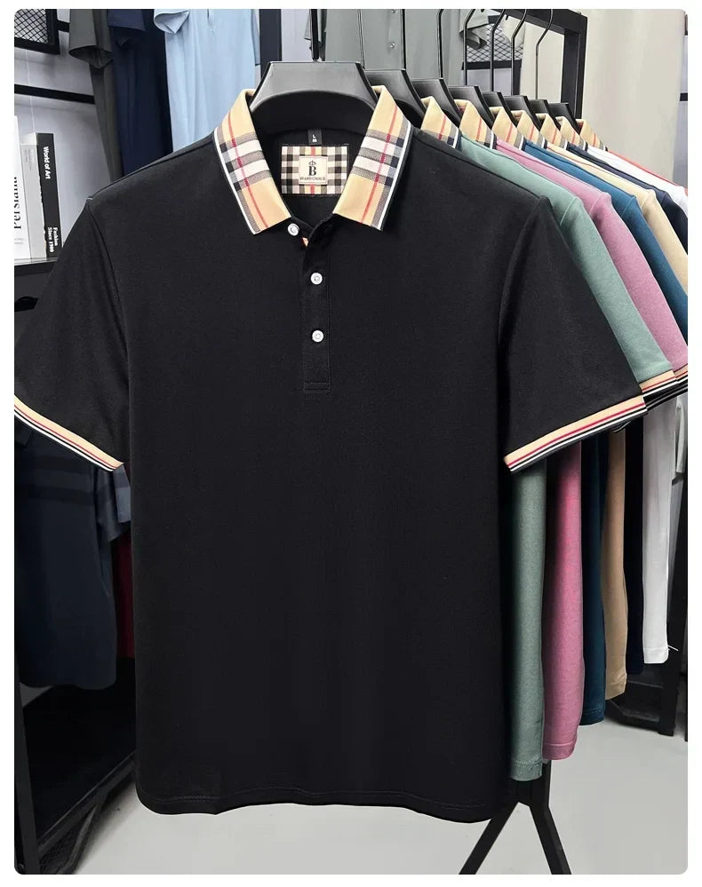 High end silky cotton breathable short sleeve polo shirt men's summer new trend plaid lapel designer brand casual golf T-shirt