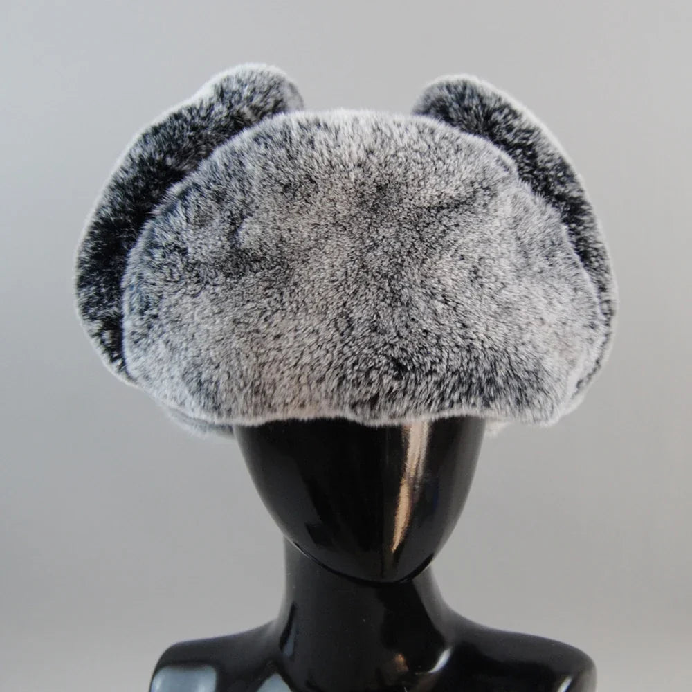 Winter Russian Man Woman White Skin Natural Rex Rabbit Fur Hats Luxury Real Sheepskin Leather Cap Unisex Real Fur Bomber Hat