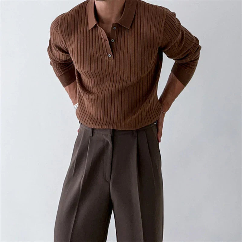 Striped Polo Shirt for Business and Casual Occasionsmen Breathable  Stretchy Slim  Knitted Pullover, Long-sleeve Sweater