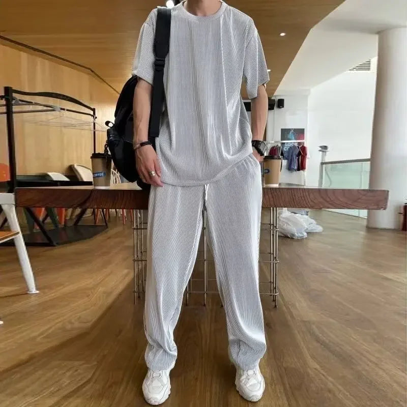 High-End Ice Silk Men's Sports Suit Casual Home Use Long Pants Short Sleeves Quick Drying Top Set Summer Collection
