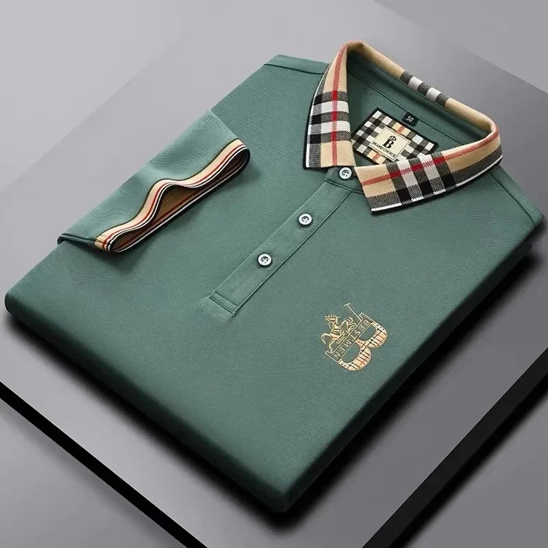 Luxury brand short sleeve men's polo shirt summer high-end fashion plaid embroidery lapel casual T-shirt breathable cotton top