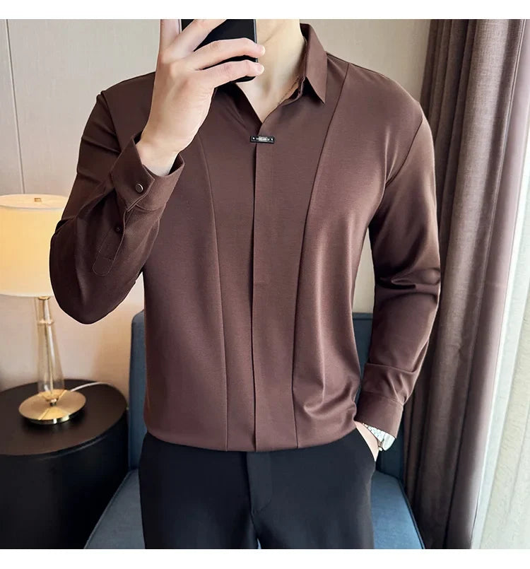 Stitching Special V-neck Long-Sleeved Polo Shirt, Men's High-Grade Elasticity Traceless Lapel T-shirt, Royal Blue Seamless Top