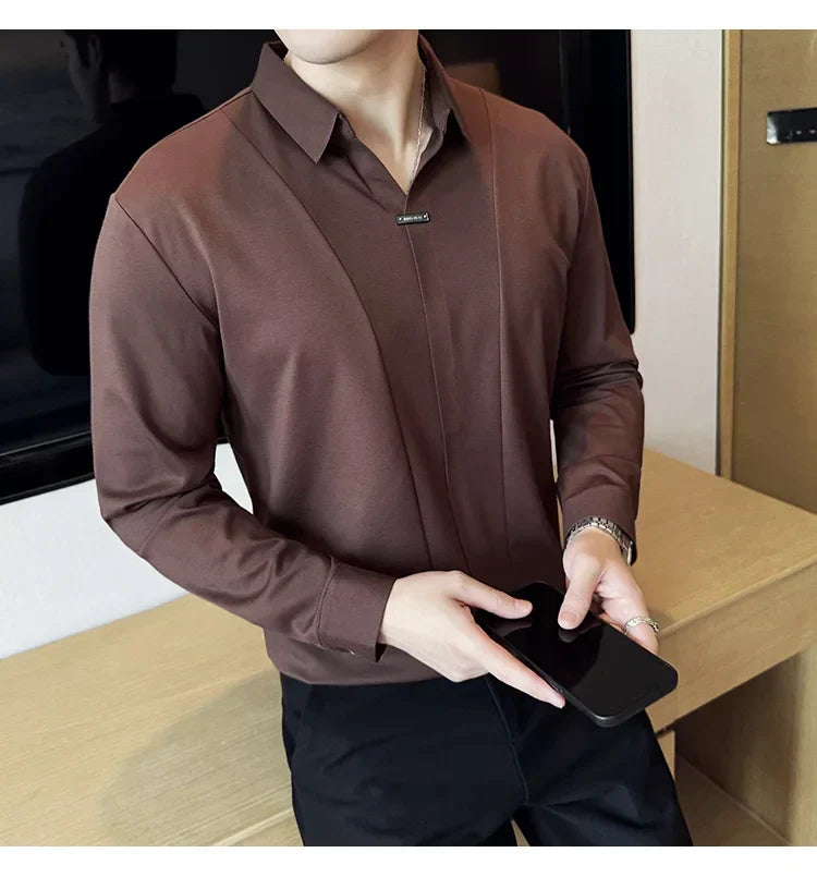 Stitching Special V-neck Long-Sleeved Polo Shirt, Men's High-Grade Elasticity Traceless Lapel T-shirt, Royal Blue Seamless Top