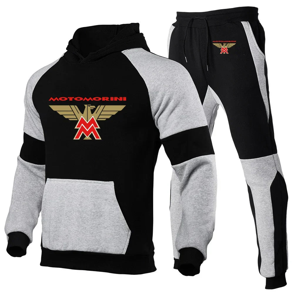 2024 Spring Autumn Men's Moto Morini Logo Print Sports Splicing Cotton Hooded Tracksuit+Jogging Sweatpants Trend Comfortable Set