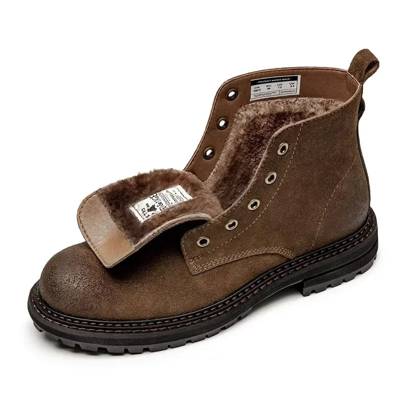 Maden Retro Fleece-lined Split Suede Boots High-Top Work Boots Lace-Up Desert Ankle Rugged Sole Boots Outdoor Winter Fall Shoes