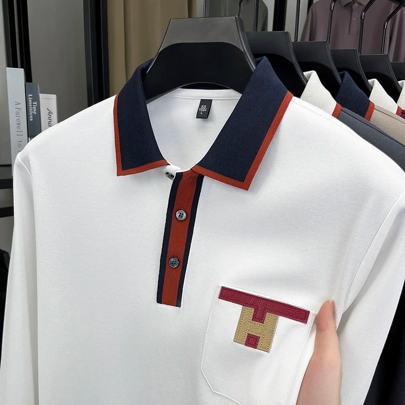 Light Luxury Fashion 100% Pure Cotton Polo Shirt Men's Long Sleeved Autumn New Item Middle-aged Dad Collar Base T-shirt