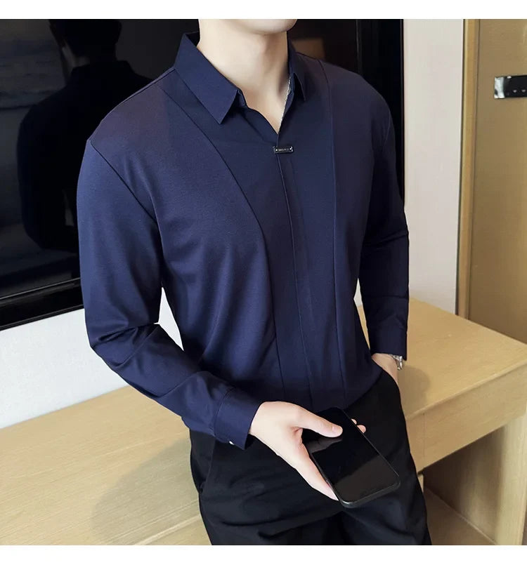 Stitching Special V-neck Long-Sleeved Polo Shirt, Men's High-Grade Elasticity Traceless Lapel T-shirt, Royal Blue Seamless Top