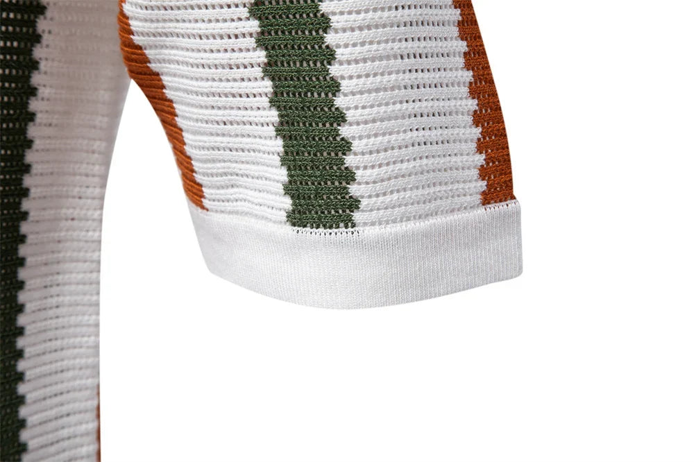 Men's Ribbed Knit Polo Shirt For Breathable Striped Casual Wear with Comfortable Collar High quality Male Polo Shirt