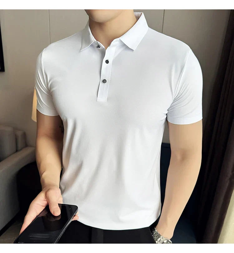 Ice Silk High Elastic Seamless T-shirt ,Summer Thin Polo Shirt, Solid Color Polo Collar Short Sleeve Brown Top, Business Leisure