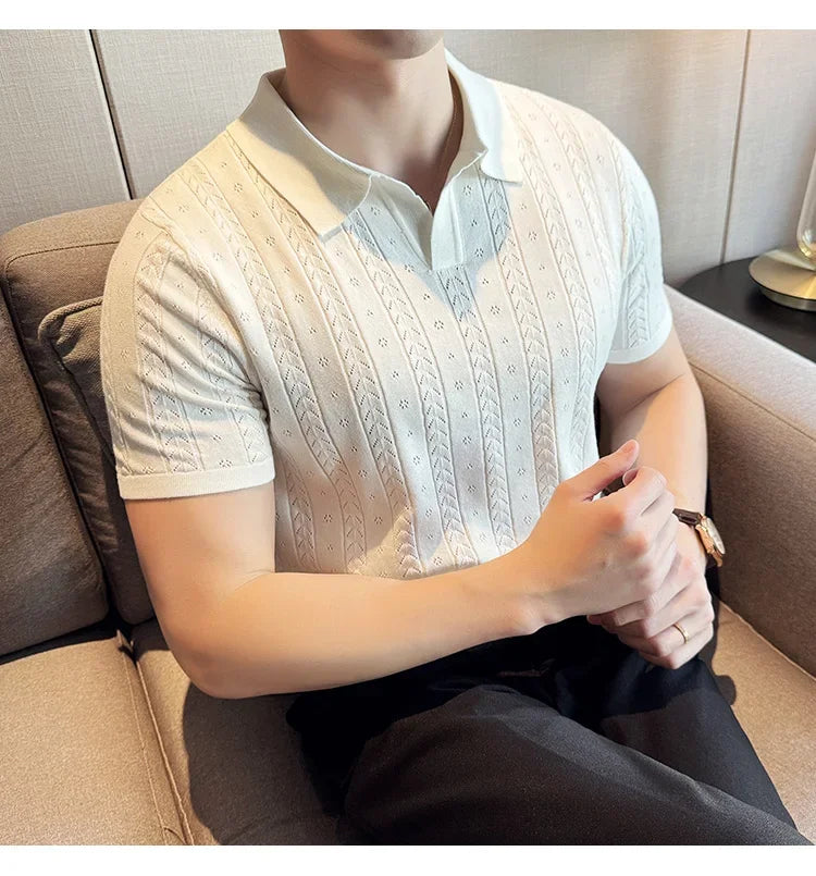 Men's Polo Shirt, Striped Jacquard Knit Short Sleeve, T-shirt V-neck Solid Color Elastic Top 2024. M-3XL,Summer Purple Thin