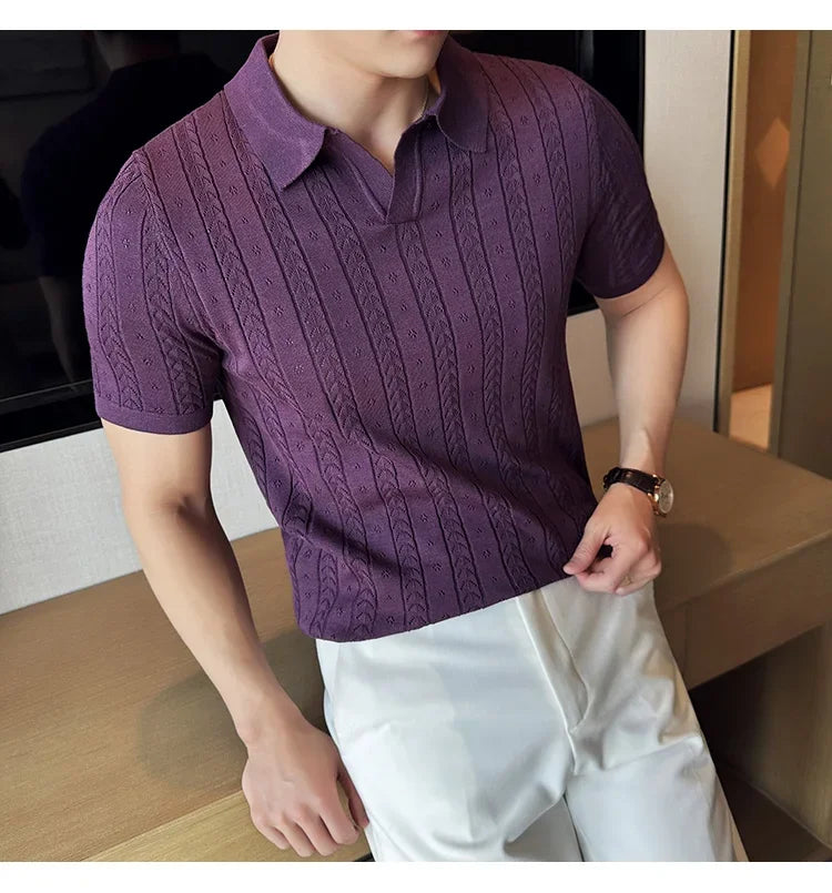 Men's Polo Shirt, Striped Jacquard Knit Short Sleeve, T-shirt V-neck Solid Color Elastic Top 2024. M-3XL,Summer Purple Thin