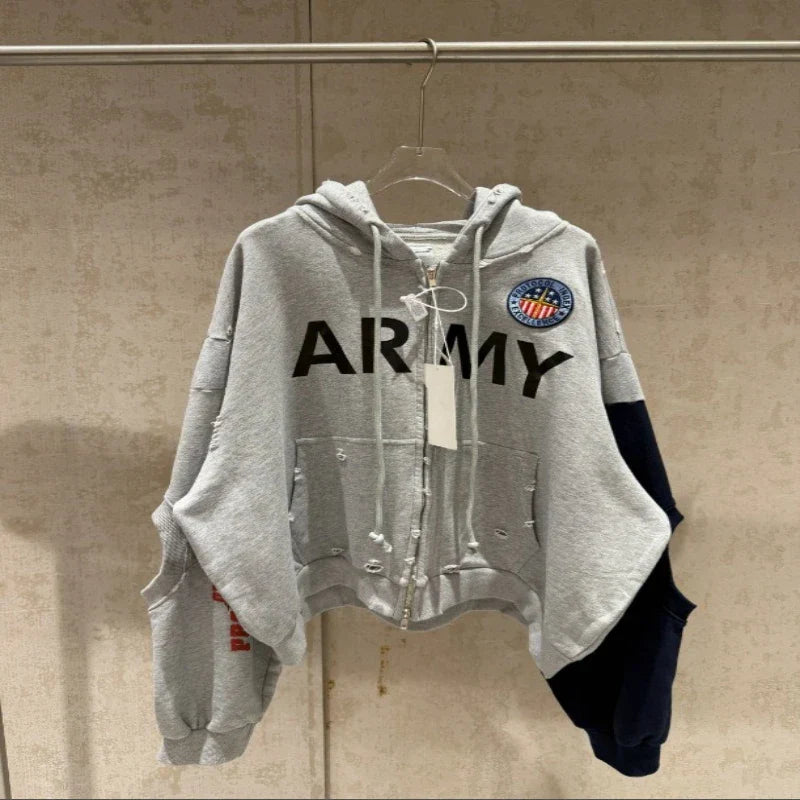 2026 Patchwork ARMY Vintage Damaged Cardigan Pullover Men Women Best Quality Hoodie